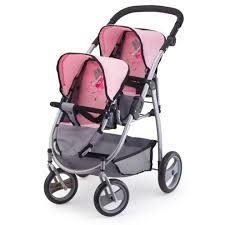 Bayer Twin Tandem Doll Pram - Pink and Grey