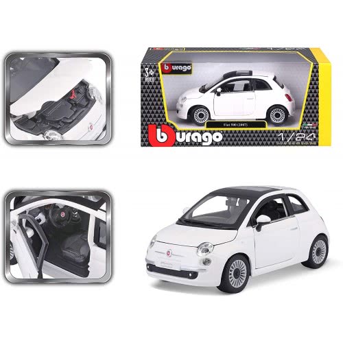 BURAGO FIAT 500 2007 White 1:24 Scale DieCast Model Car - Wild Willy