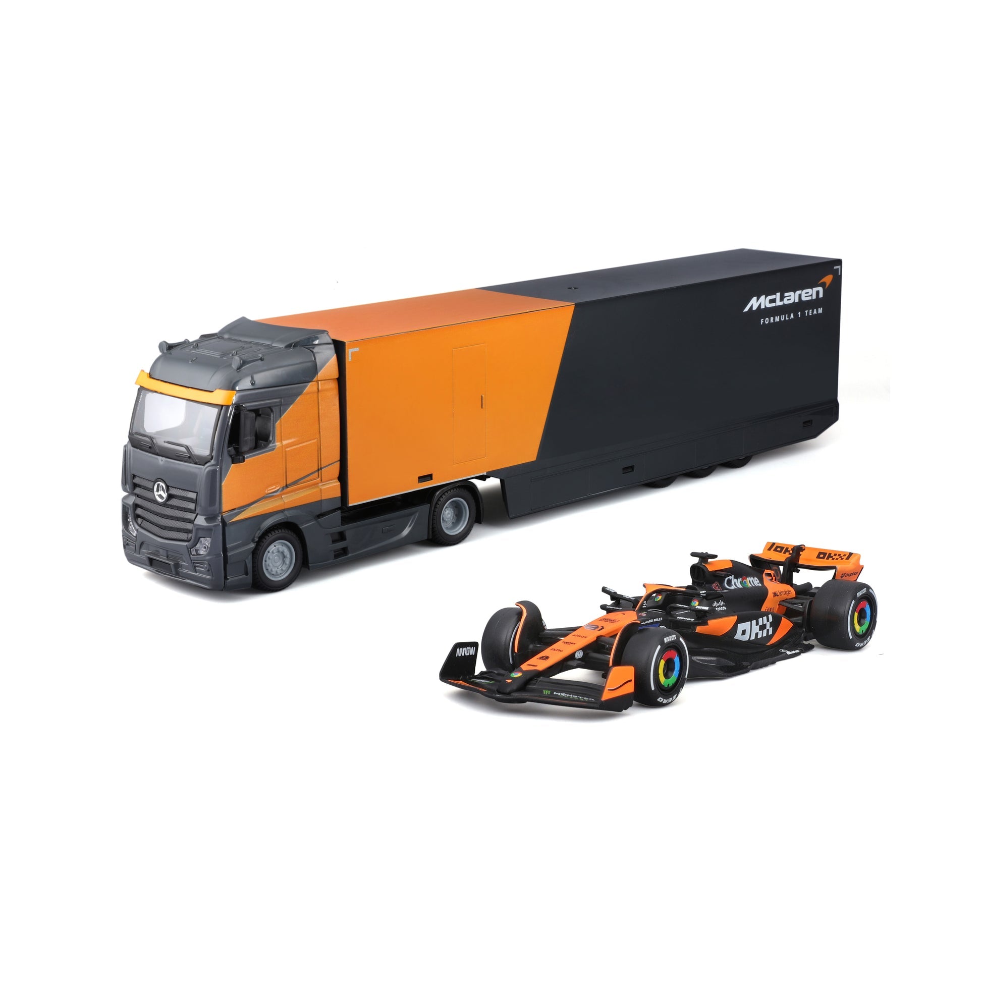 Bburago Mercedes Semi Truck with McLaren MCL38 #4 Lando Norris – 1:43 Diecast Model - Wild Willy