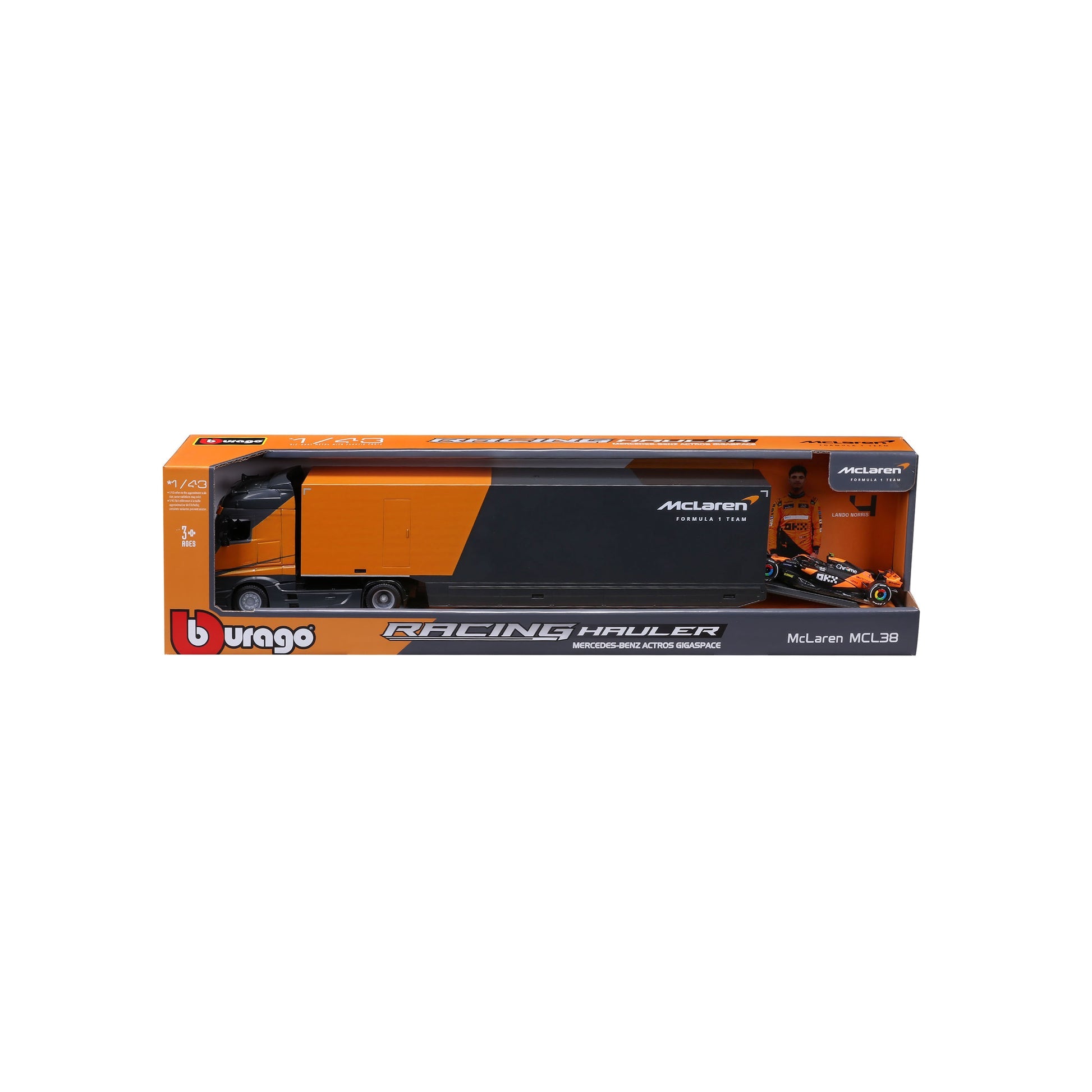 Bburago Mercedes Semi Truck with McLaren MCL38 #4 Lando Norris – 1:43 Diecast Model - Wild Willy