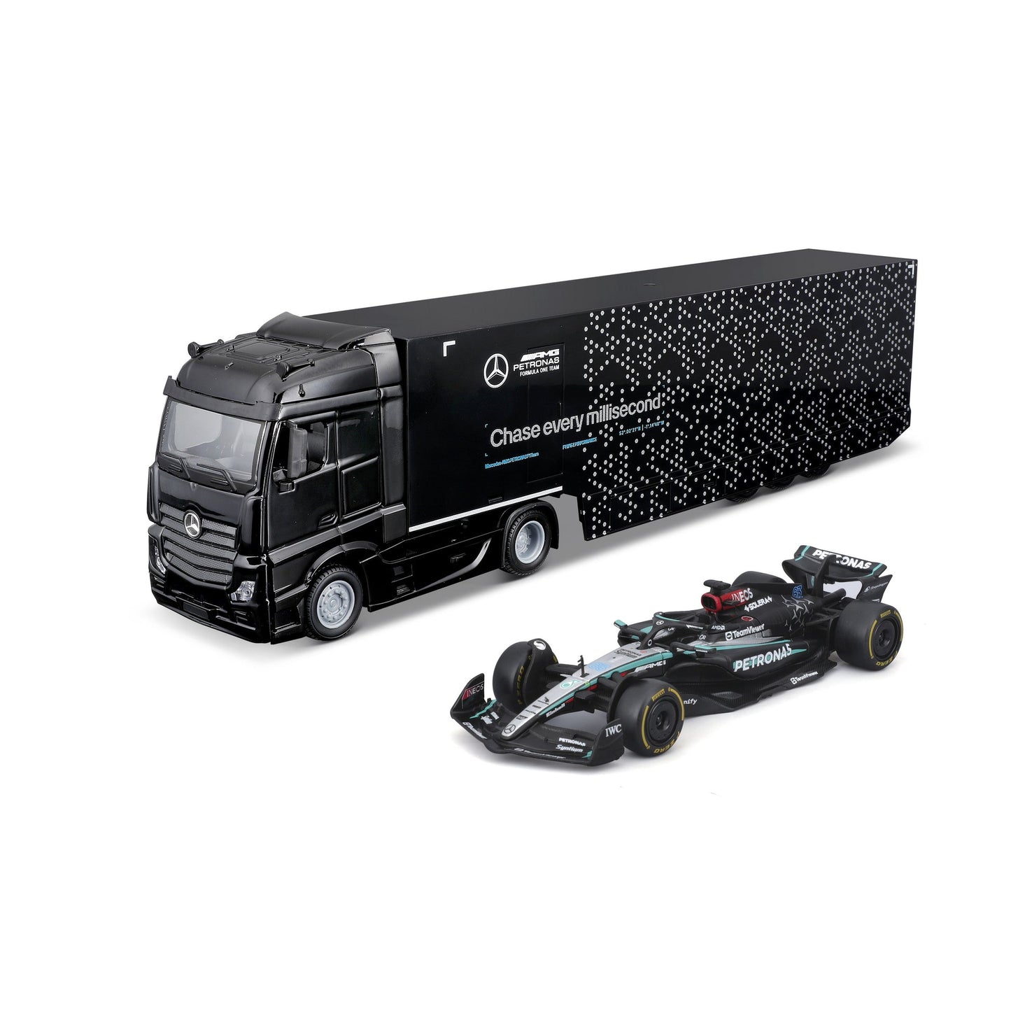 Bburago Mercedes-AMG Semi Truck with Mercedes W15 #63 George Russell – 1:43 Diecast Model - Wild Willy