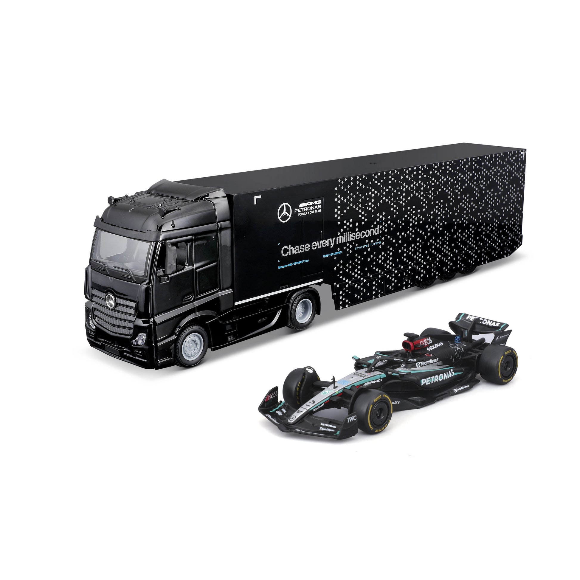 Bburago Mercedes-AMG Semi Truck with Mercedes W15 #63 George Russell – 1:43 Diecast Model - Wild Willy