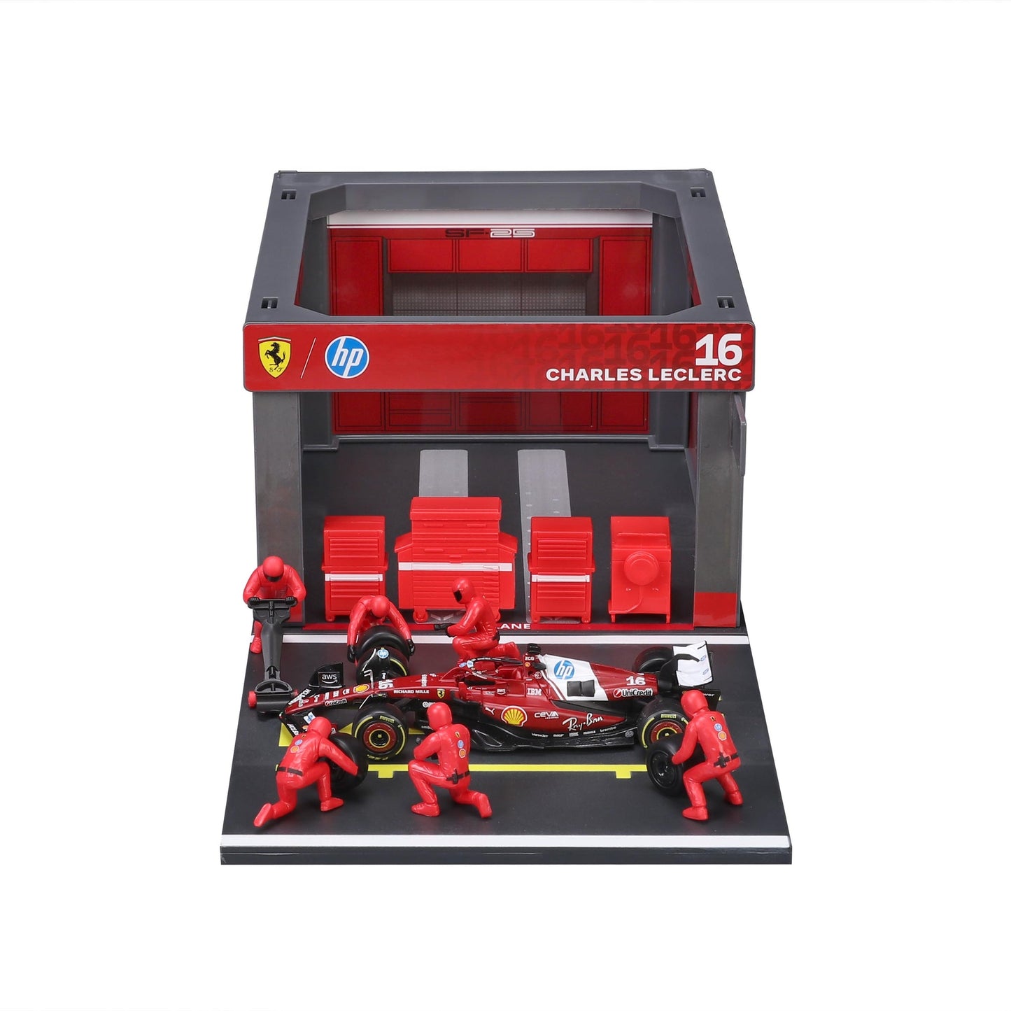 Bburago PIT STOP FERRARI SF-25 #16 Charles LECLERC - Formula 1 Playset Diorama with 1:43 scale SF-25 vehicle - Wild Willy