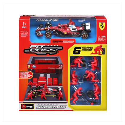 Bburago PIT STOP FERRARI SF-25 #16 Charles LECLERC - Formula 1 Playset Diorama with 1:43 scale SF-25 vehicle - Wild Willy