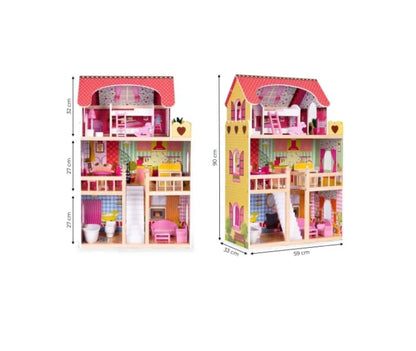 Wooden Dollhouse with Furniture 3 Floors 90x60 cms
