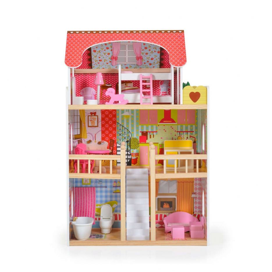 Wooden Dollhouse with Furniture 3 Floors 90x60 cms