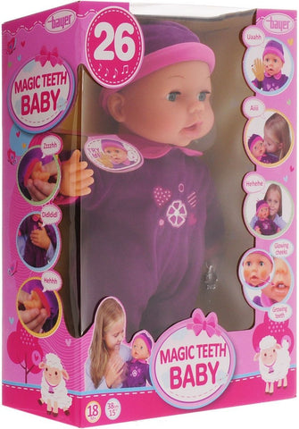 BAYER MAGIC TEETH DOLL 38CM 26FN PURPLE DRESS 18M+93842AE - Wild Willy - Toys Lebanon