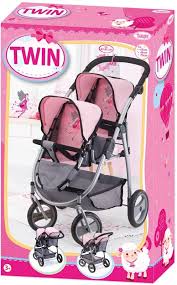 Bayer Twin Tandem Doll Pram - Pink and Grey